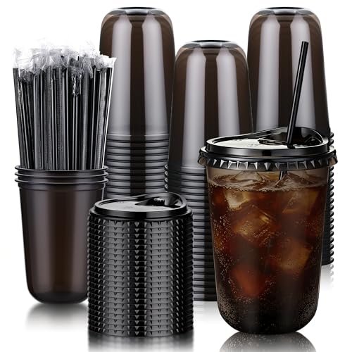 tchrules 100 Set 16oz Clear Plastic Cups with Sip Lids & Straws Disposable Round Bottom To Go Iced Coffee Cups Bulk for Cold Drinks Slushie Smoothie Lemonade Soda Bar Graduation Party Supplies