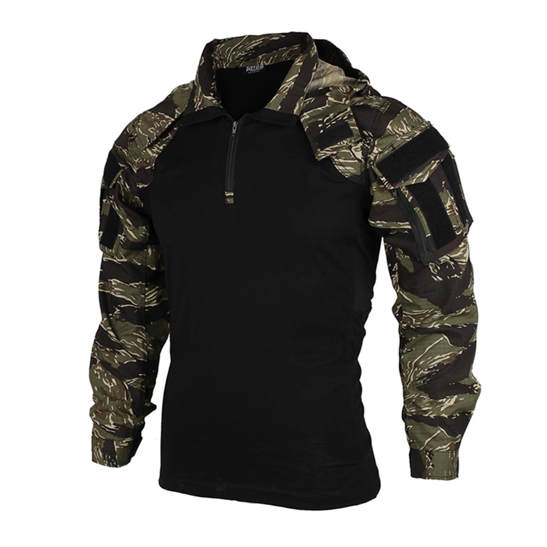 BrightBud Combat Shirt Tactical Men's Airsoft Shirt Camouflage with YKK Zip, Military Long Sleeve Jacket & Tactical Jacket for Military Paintball Airsoft Hunting Shooting, tiger stripes camo, XXL