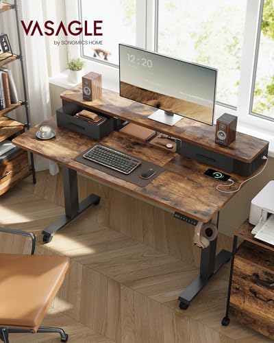 Image of VASAGLE Electric Standing Desk with Drawers, Sit Stand Desk with Built-in Power Strip, Adjustable Height, 47.2 x 23.6 Inches, 2 Hooks, Memory Function, for Home Office, Rustic Brown ULSD182KD01