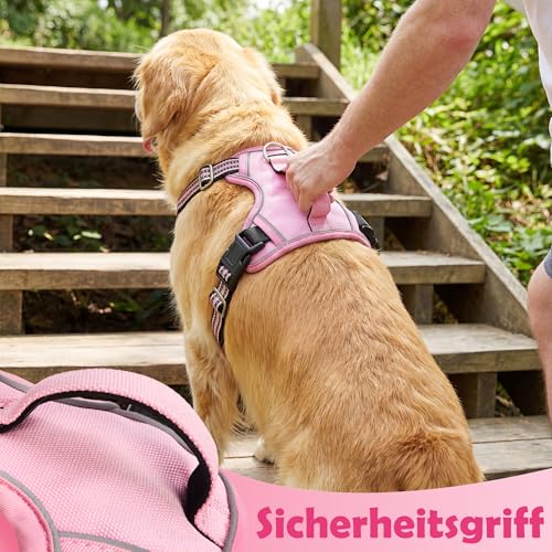 Funfox Hundegeschirr Mittelgroße Hunde [L] - Verstellbares Anti-Zug Brustgeschirr mit Griff & Reflektorstreifen, Atmungsaktives No Pull Hundegeschirr für Grosse/Kleine Hunde Outdoor Rosa