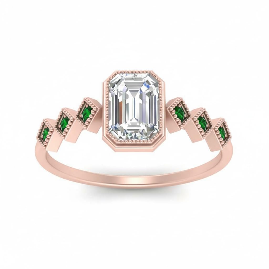 Choose Your Gemstone Bezel Set Emerald Accented Diamond CZ Ring Rose Gold Plated Emerald Shape Side Stone Engagement Rings for Women, Girls and Ladies US Size 4 to 12