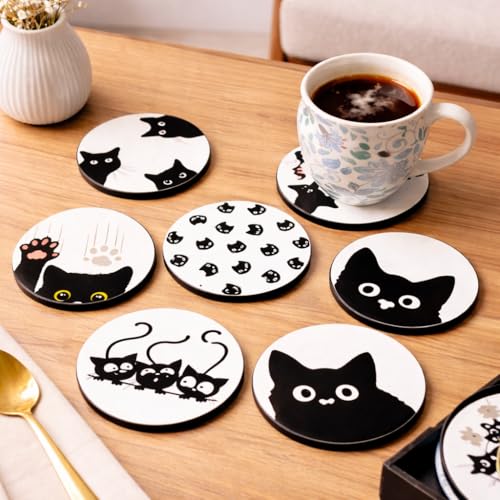 Image of Zesta Coasters for Cups Set of 6 / Wooden Coasters for Bar Accessories for Home /Tea Coaster Set of 6 / Waterproof Dining Table Decor Glass Cover (Cats, Circle)