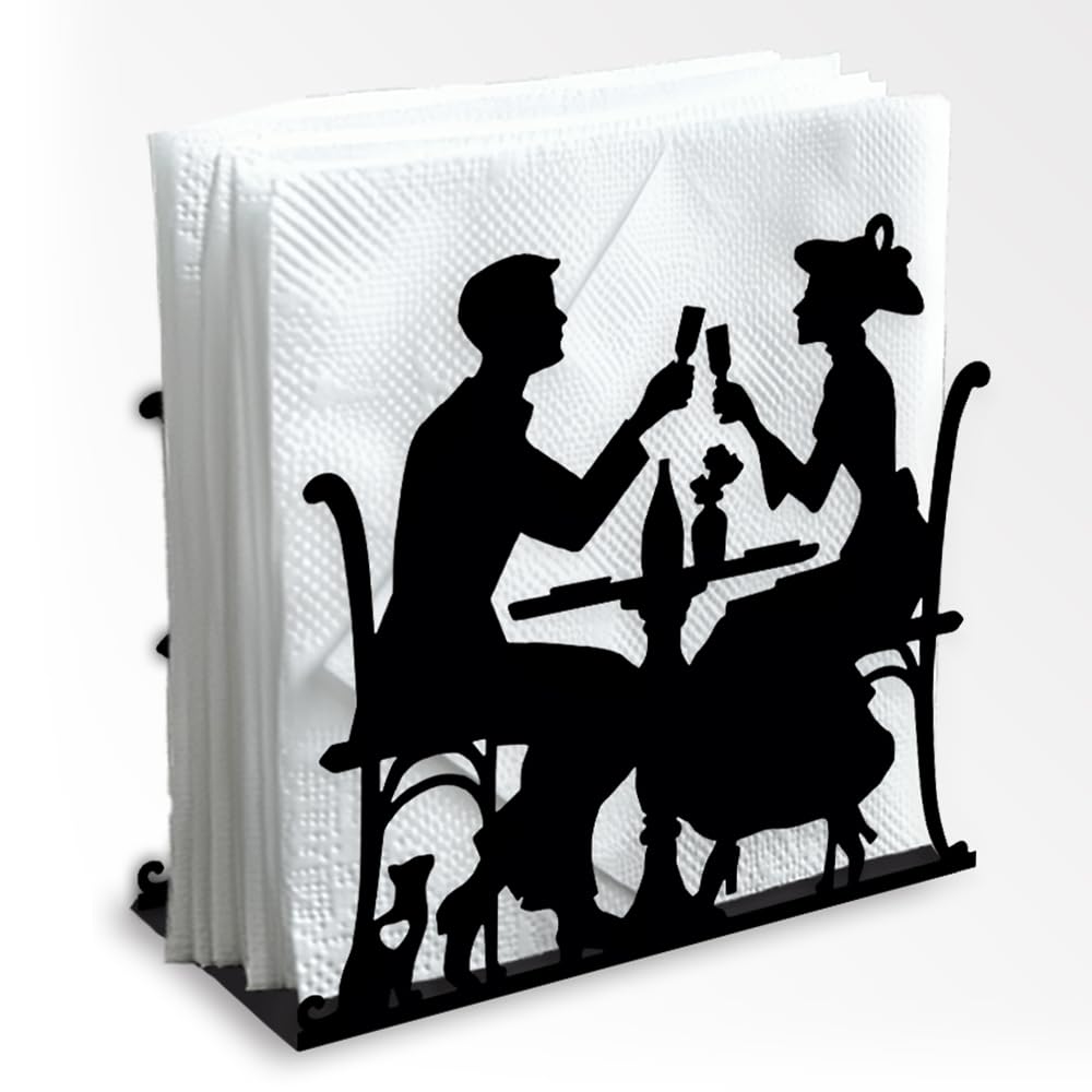 Romantic Couple Dating Decorative Black Metal Napkin Holder for Table, 13.5 x 12.5 x 5 cm Standing Napkin Holder for Home Kitchen Restaurant Party Cafe Bar for Anniversaries or Valentine's Day