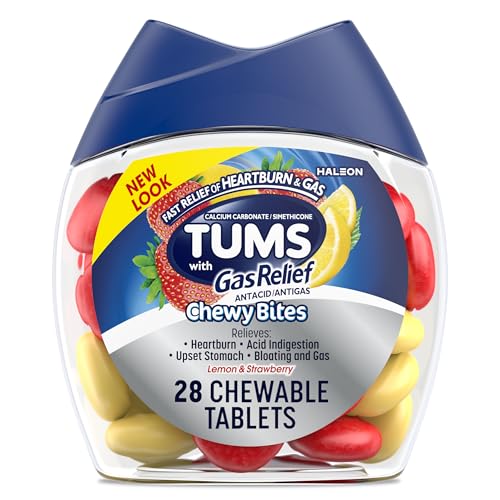Image of TUMS Chewy Bites Chewable Antacid Tablets with Gas Relief, Lemon & Strawberry - 28 Count