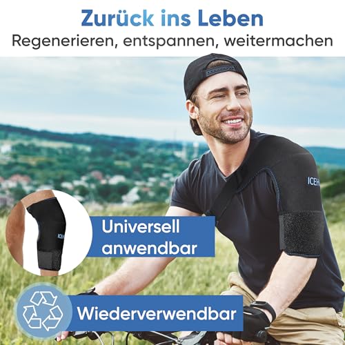 ICEHOF Schulterbandage mit Kühlkompresse - Schulter Kühlpad - Kühlmanschette Kühlpad für Herren & Frauen - Kühlbandage für Schulter kühlen Schultergurt Kühlkissen Kühlpads Schulterkühler