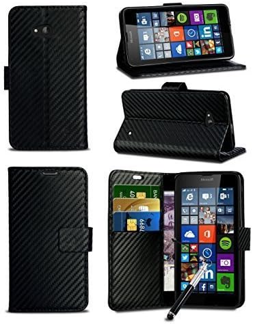 For Huawei Honor Holly Hol-U19 / Dual SIM - Carbon Fibre Style Leather Wallet Flip Skin Case Cover with Retractable Capacitive Stylus Touch Screen Pen, Screen Protector and Polishing Cloth in Black