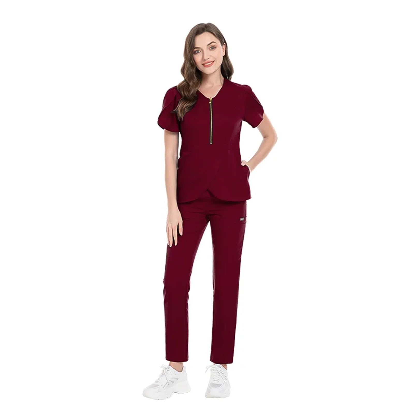 Arzt-OP-Kittel-Anzug, schmal geschnittene Krankenschwester-Uniform for Damen, V-Ausschnitt, Handwaschkleidung, elastische professionelle Arbeitskleidung FüR Beauty Salon Klinik Krankenhaus(Red,XS)