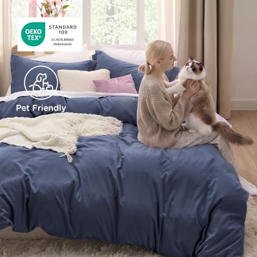 Image of Bedsure Prewashed Duvet Cover Full, Cotton-Like Soft Bedding Set, Navy | Ultra Soft, Relaxed Texture, 80 inchx90 inch Breathable Comfort, Hidden Zipper, 8 Corner Ties, Easy Care, OEKO-TEX, Year-Round Use
