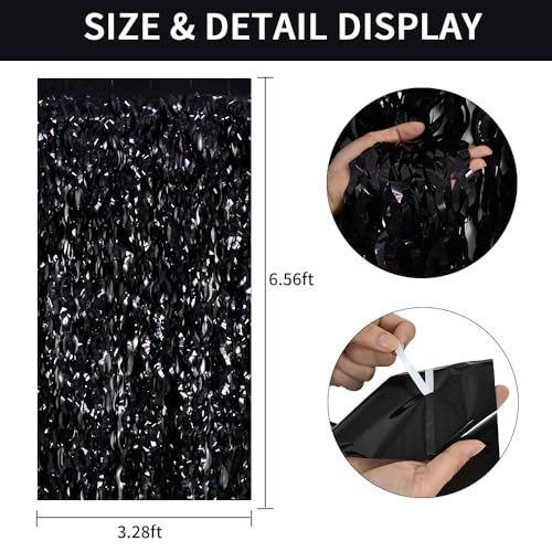 Image of TONIFUL 3Pcs Wavy Metallic Tinsel Foil Fringe Curtains Black Streamer Backdrop for Photo Booth Props,Party Door Wall Curtain,Bachelorette,Birthday,Halloween,80s 90s Grad Party Decor (9.9ft x 6.6ft)