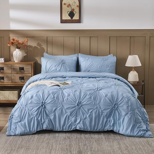 Image of Sky Blue Comforter Set Queen Size Bed in A Bag 7 Piece Pinch Pleat Bedding Set,Pintuck Ruched Flowers Bed Set with Comforter, Sheets, Pillowcases & Shams