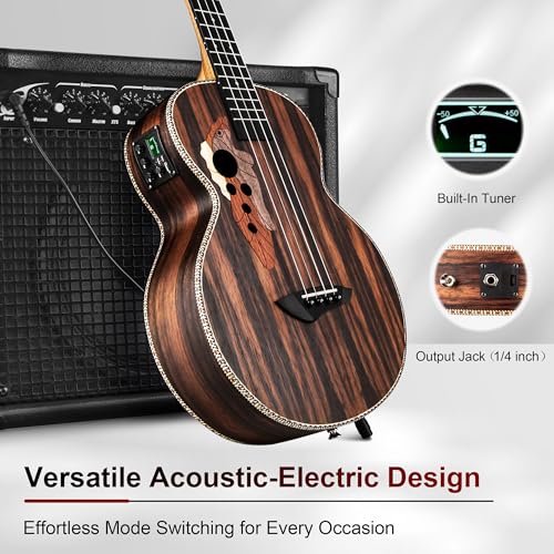 Image of Caramel Ebony Wood Baritone Ukulele 30inch Wood LCD Color Display Electric Ukelele Kit Hawaiian Beginner Guitar Starter Pack Bundle Gig bag, Strap, Strings Set