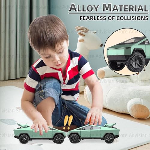 Image of 1:32 Scale Die-Cast Tesla CyberTruck with Pick-Up Trailer with 6 Openable Doors Pull Back Toy Car with Lights & MusicToy Car Gift for Kids (1:32 Cybertruck - Green)