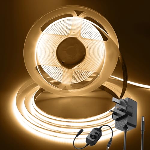 ShineBurky Warm White 3000K COB LED Strip Lights, 5M High Bright Cuttable Tape Lights with Plug