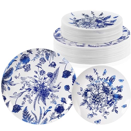 Kochorie 72 Pieces White & Blue Floral Disposable Plastic Plates, 10.25