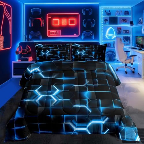 Feelyou Blue and Black Bedding Set Queen Size Honeycomb Comforter Set for Kids Boys Girls Decor Hexagon Theme Comforter Geometrical Beehive Duvet Set
