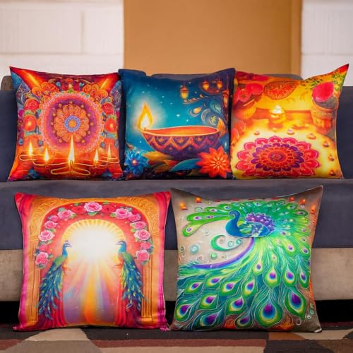 Image of Decorative Satin Sofa Cushion Covers Set of 5, 16 x 16 Inches, Multicolor Floral Printed Pillow Covers for Living Room, Bedroom, Couch & Sofa, Soft Glossy Fabric, Zipper Closure