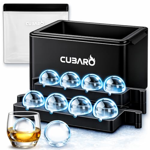Clear Ice Ball Maker with Bonus Freezer Bag | 8 Large 2' Crystal Clear Ice Spheres | Premium Hard Shell Directional Freezing Mold | Slow‑Melt Ice Balls by CUBARO