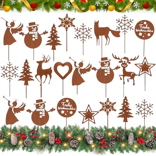 22PCS Garten Roststecker Metall Adventskranz Rost Dekostecker Winterwald Rost Gartendeko Stecker Rostoptik Gartenstecker Garten Metallstecker zum Advent Weihnachten Deko,Gartenstecker Weihnachten