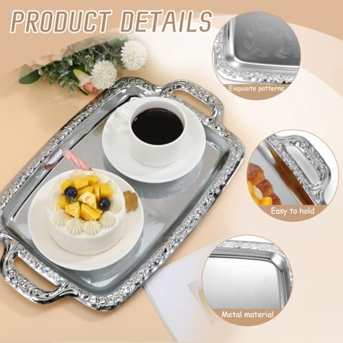 Image of Metal Serving Tray, Silver Large Rectangular Antique Serving Platter, European Retro Style Tray for Cookies, Charcuterie, Snacks, Desserts, Fruit, Party Food (39. 00x23. 00x1. 70cm)