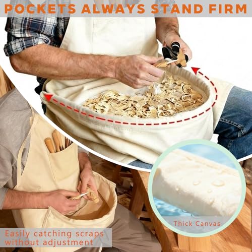 Image of Woodcarving Apron-Work Apron with Brown Leather Chest Patches, Tool Pocket