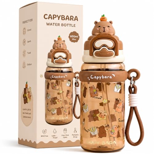 KLYNOVIX Capybara Water Bottle with Lid and Keychain 20oz BPA-Free Plastic Leak-Proof Cute Capybara Design for Outdoor Sports Travel & School (Brown)