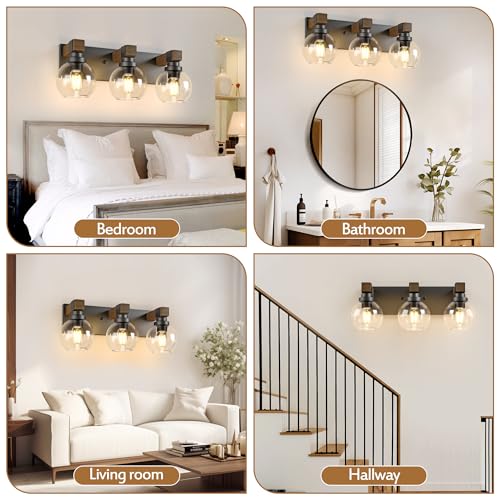 Image of LmnLvn Farmhouse 3-Light Bathroom Vanity Light, Wood & Metal Glass Shade