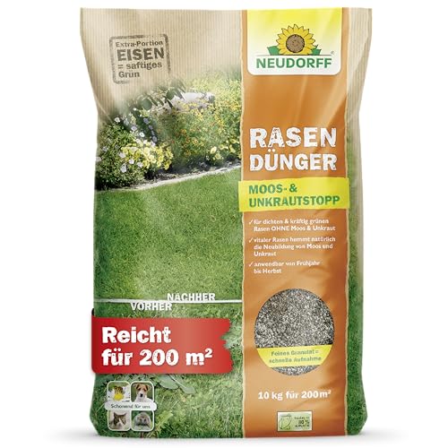 Neudorff RasenDünger Moos- & UnkrautStopp – Rasendünger mit Eisen und Kalium sorgt für einen dichten, grünen Rasen ohne Moos und Unkraut, 10 kg für 200 m²