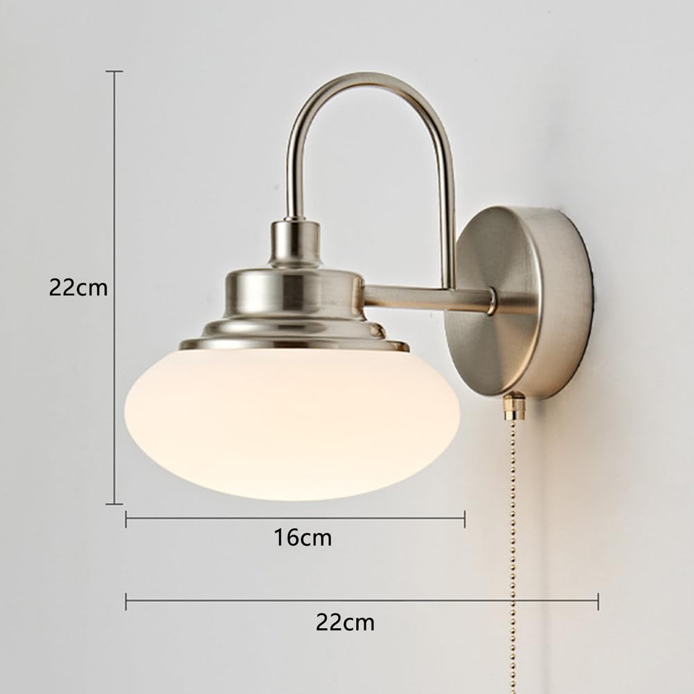 Lampa ścienna LED do wnętrz, srebrno-chromowana, 8 W, styl vintage, lampa ścienna industrialna z przełącznikiem sznurkowym, 3000 K/4500 K/6000 K, lampa LED w stylu retro z białym kloszem