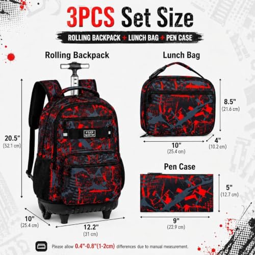 Image of 3Pcs Rolling Backpack for Boys, 19 Inche Adults Roller Bag with Wheels, Graffiti Wheeled Bookbag Set for Men(Red)