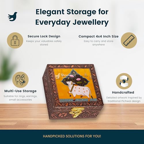 Image of Handcrafted Wooden Jewellery Storage Box with Lock (4 x 4 in) | Copper finish Oxidized Pichwai Cow Design | Decorative Organizer for Earrings Rings Bangles | Wedding Festive Gifting | Yellow
