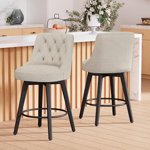 Counter-Height-Bar-Stools-Set-of-2-with-Back-26H-Upholstered-Swivel-Barstools-with-Solid-Wood-Legs-for-Kitchen-Island-Performance-Modern-Fabric-Counter-Stools-Flax-Beige Counter Height Bar Stools Set of 2 with Back 26H Upholstered Swivel Barstools with Solid Wood Legs for Kitchen Island Performance Modern Fabric Counter Stools Flax Beige