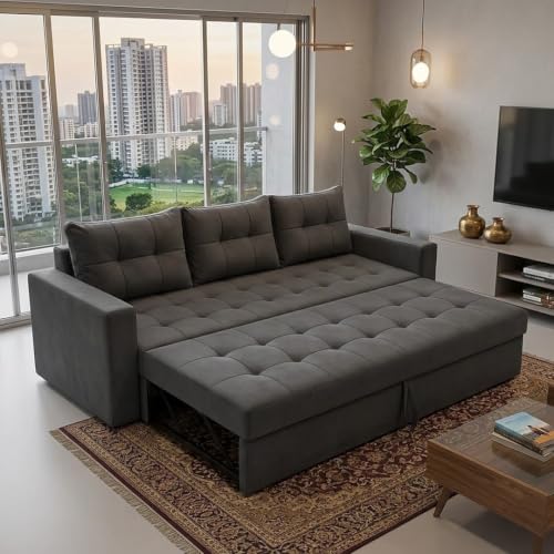Image of FURNY Tressa 3 Seater Fabric Pull-Out Sofa Cum Bed Function (Dark Gray) | Luxury Velvet Suede Finish | Durable Comfort Sofa Bed for Modern Living Room & Office Spaces