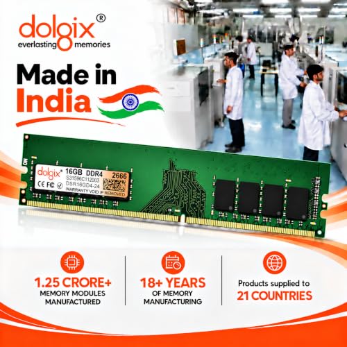 Image of Dolgix16GB DDR4 Desktop RAM 2666MHz (Memory) U-DIMM | Long-DIMM | CL-19 | PC4-21333, (1Rx8 Single Rank) 3 Year Warranty | Made in India