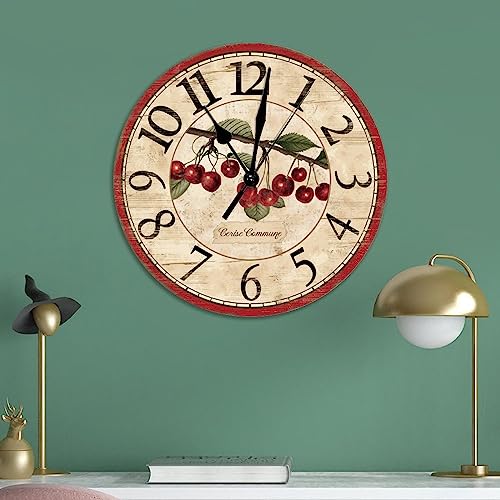 Aroggeld Cherry Wall Clock 10 Inch Red Fruit Cherry Wall Clock Battery Operated Non-Ticking Vintage Large Wall Clocks For Living Room Kitchen Bedroom Decor, Multicolor, Q7Wo03Qqqyoc #TOP4