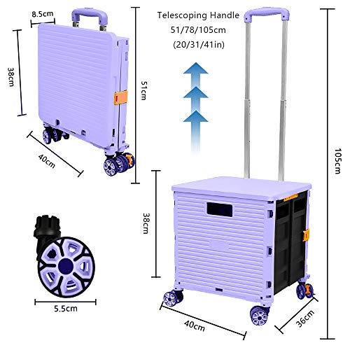 Image of Foldable Utility Cart Folding Portable Rolling Crate Handcart with Durable Heavy Duty Plastic Telescoping Handle Collapsible 4 Rotate Wheels for Travel Shopping Moving Luggage Office Use(Purple)