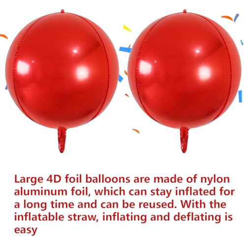 Image of Large Metallic Red Balloons 22 Inch Pack of 6 360 Degree 4D Round Red Metallic Balloons Red Chrome Balloons Red Foil Balloons Perfect for Christmas Decorations Party Balloons