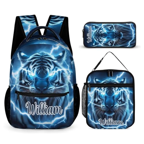 zaaprintblanket Custom Blue Lightning Tiger Backpack 3 Piece Set Personalized School Backpack with Lunch Bag Pencil Case for Boys Girls Kids