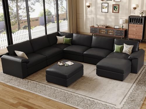 Image of EASE MOOSE Faux Leather Sectional Couch with Ottoman, Oversized Modular Sofa, Vintage Comfy Modular Couch, Scratch Resistant Material Sofas, U Shaped Couch for Living Room, Black