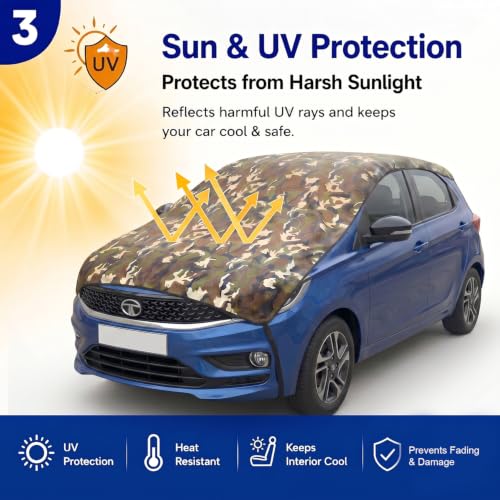 Image of Pivalo Half Car Body Cover for Hatchback Cars (All Models & Years) | 100% Waterproof Outdoor UV & Heat All Weather Protection | Triple Stitched 3 Layer with Adjustable Straps Cover (Military /Army)