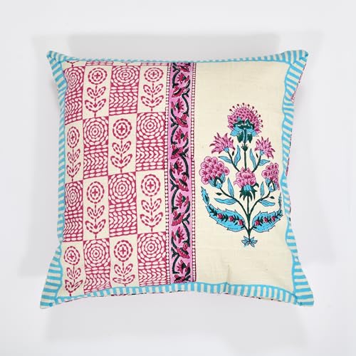 Image of BLOCKS OF INDIA Hand Block Printed Cotton Linen Cushion Cover (16 x 16 inches) (DYE Turq Pink Half)