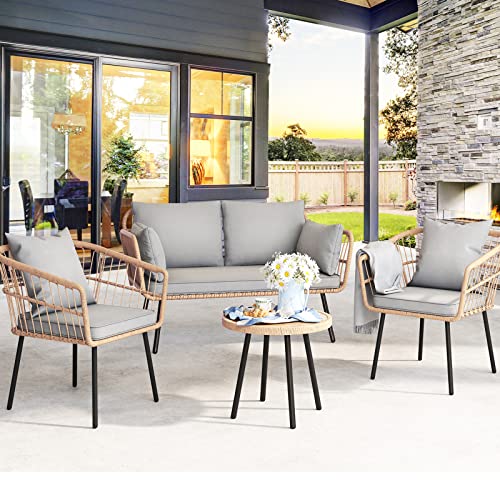 Yitahome 4 Pieces Patio Furniture Set, Wicker Balcony Bistro Set, Outdoor All-Weather Rattan Conversation Set With Loveseat Chairs Table Soft Cushions For Backyard, Pool, Deck, Garden - Grey #TOP21