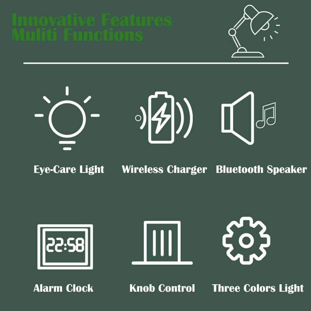 IHAO Smart LED Desk Lamp with Wireless Charger & Bluetooth Speaker, 15W Fast Charging Station for Phone & Earbuds Touch Control 3 Light Modes Alarm Clock Adjustable Eye-CareTable Lamp-HYT1772 Black