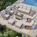 Aoxun 10-Piece Patio Furniture Set with 44” Fire Pit Table, Wicker Rattan Outdoor Sectional Sofa with High Back Swivel Rocker Chairs, Outdoor Patio Furniture Set with Thick Cushions & Ottoman, Grey