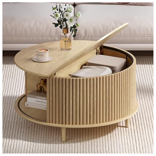 JOINICE,Round Coffee Table with Storage, 31.5' Natural...