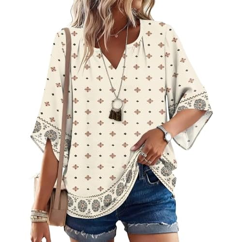 LOMON Women's 3/4 Length Sleeve Boho Tops V Neck Casual Vacation Clothes Loose Fit Tunic Shirts S-3XL Apricot Floral Medium