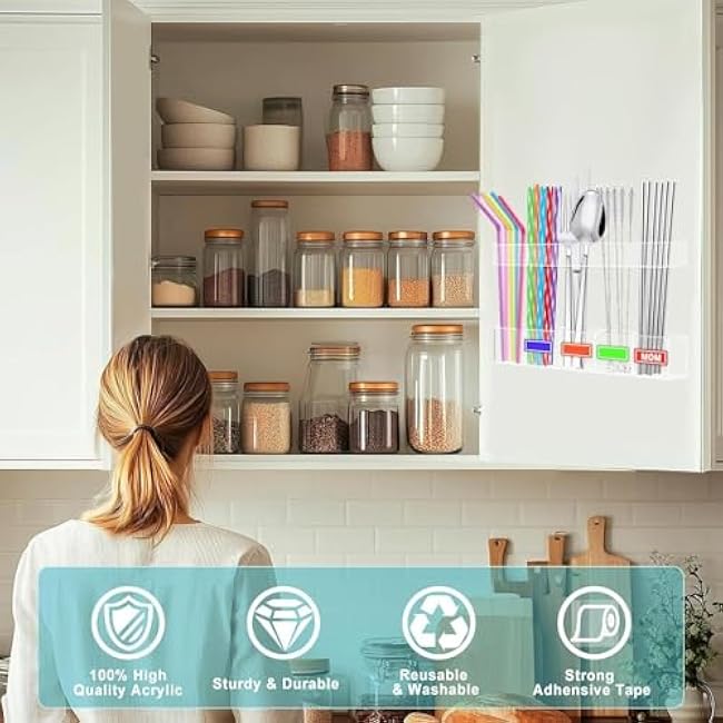 Straw Holder For Cabinet Door - Adhesive Straws Storage Clear Acrylic Dispenser | Adjustable Height Straw Dispenser | Reusable Kitchen Storage Counter Organization For Cafe Bar Cupboard Chopsticks