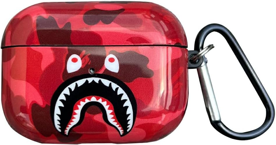 Shark Teeth Softshell Silicone Camouflage Airpods Case, IMD Case Shockproof Case Skin with Key Ring, Suitable for Apple Airpods Pro (Red)