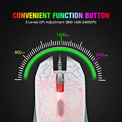 Gaming-Tastatur-Maus und Mauspad, UK-Layout, 104 Tasten, Regenbogen-LED-Hintergrundbeleuchtung, 19 Tasten, konfliktfrei, verstellbare 2400 DPI Maus, für PC, PS3, PS4, PS5, Mac, Xbox, Desktop, Weiß - Image 5