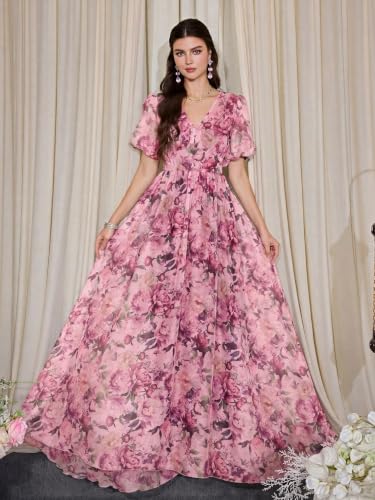 Image of TOLEEN Summer Casual Dresses for Women 2026 Spring Fashion Boho V Neck Long Sleeve Ruffle Floral Print Elegant Maxi Dress