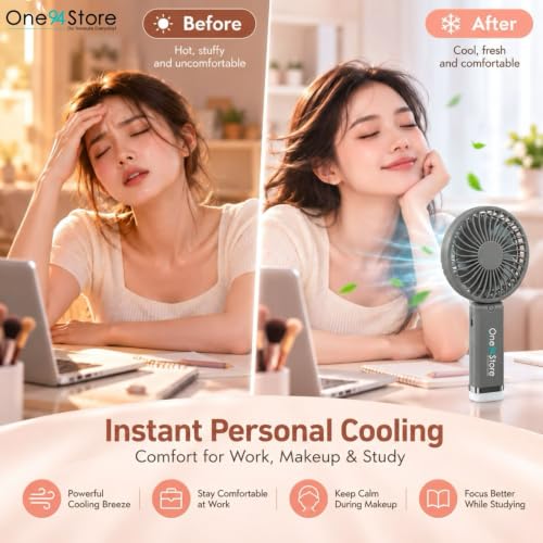 Image of One94Store Portable Fan Rechargeable with LED Light, Foldable Mini Hand Fan, 1200mAh Battery, 3 Speed Modes, USB Charging Small Table Fan for Home, Office, Travel, Makeup & Kitchen - Grey